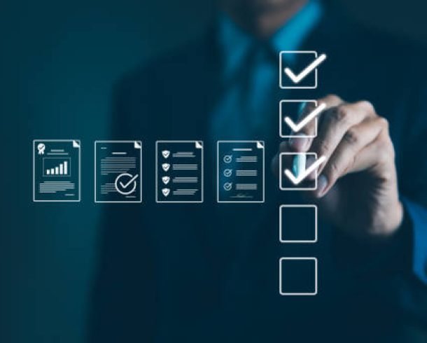 Quality Assurance and Document Control with Checklist Icons. Businessman mark off items on digital checklist, representing quality assurance and document control processes, verification and compliance